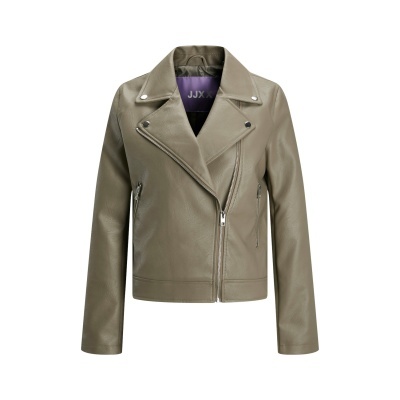 Casaco de pele sintética cinza esverdeado com fecho assimétrico e gola com lapelas