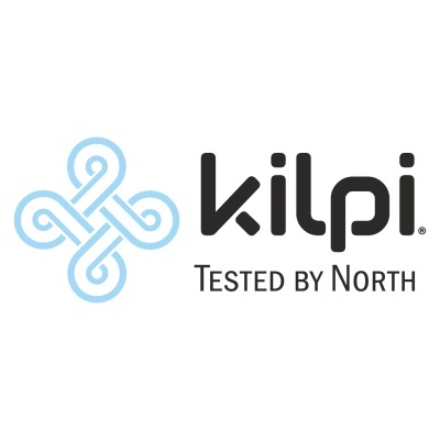Logotipo da marca Kilpi com símbolo azul entrelaçado e texto preto
