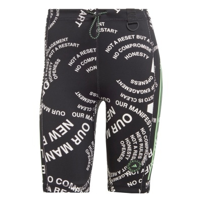 Calções desportivos pretos com texto branco e detalhes verdes