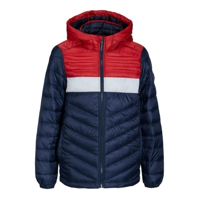 Casaco acolchoado vermelho, branco e azul escuro com capuz e fecho de correr