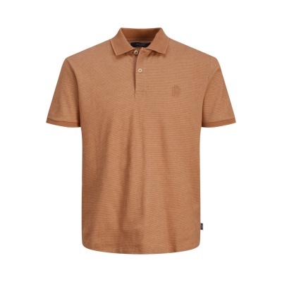 Camisola polo masculina castanha com padrão de riscas horizontais e logótipo bordado no peito