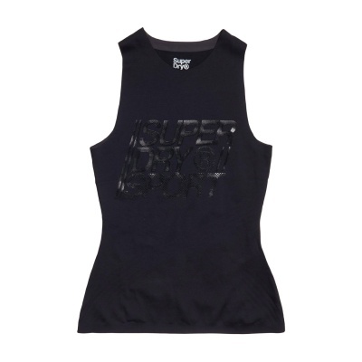 Regata preta Super Dry com logotipo e texto brilhante