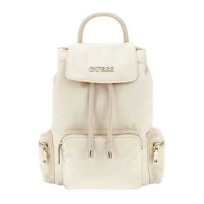 Mochila creme com logo GUESS dourado e bolsos laterais