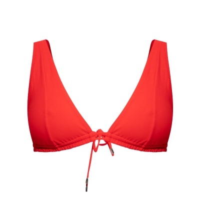 Top de biquíni vermelho com alças largas e cordão ajustável no centro.