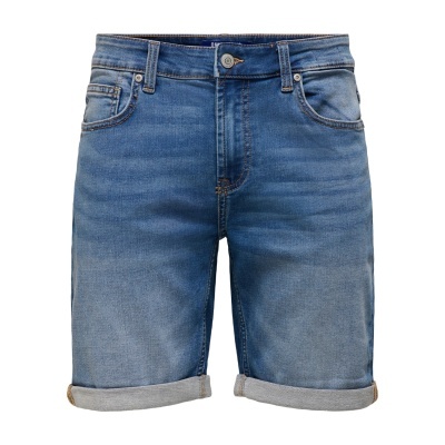 Bermudas de ganga azul com bainha dobrada e botão metálico