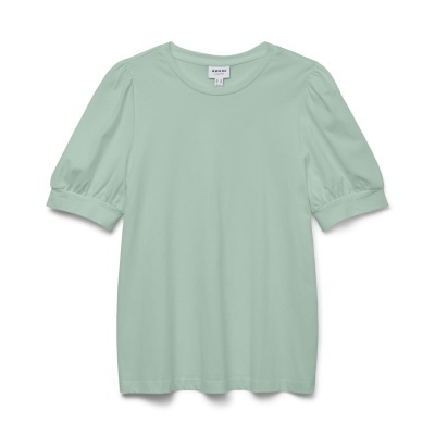 T-shirt feminina verde água com mangas franzidas e gola redonda
