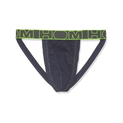 Cueca tipo tanga azul escuro com cós cinza escrito HOM em verde