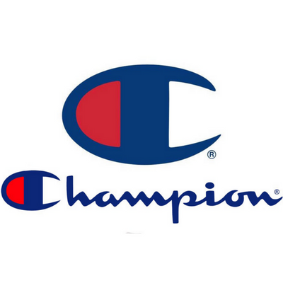 Logótipo da marca Champion em azul e vermelho sobre fundo branco