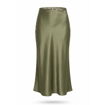 Saia midi verde-oliva acetinada