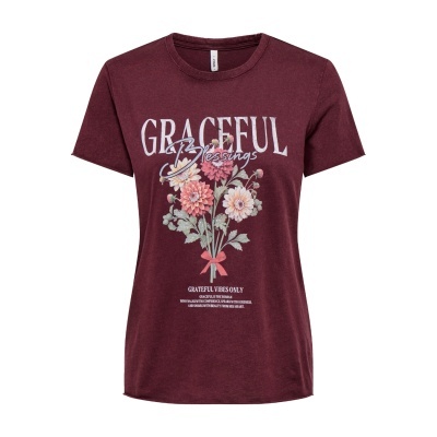 T-shirt borgonha com flores e texto estampado da frente