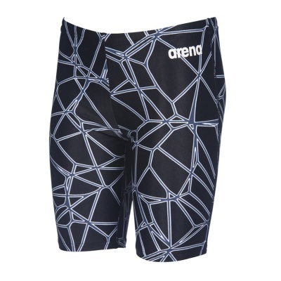 Calções de banho pretos com padrão geométrico branco e logo arena
