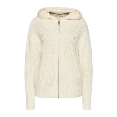Casaco de malha creme com capuz e fecho de correr