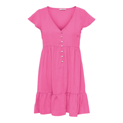 Vestido rosa com botões decorativos e saia com babado