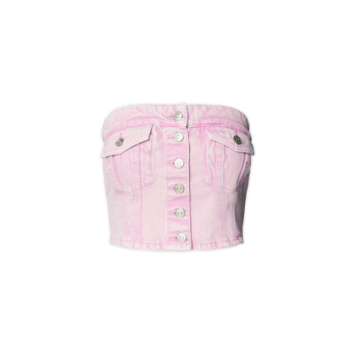 Top curto estilo corset em ganga rosa clara com botões prateados e bolsos frontais