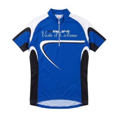 Camisola de ciclismo azul, preto e branco com fecho e texto NALINI