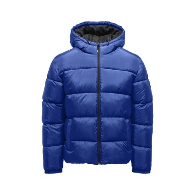 Casaco acolchoado azul com capuz e fecho de correr