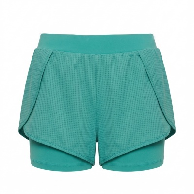 Calções de desporto femininos verdes com duas camadas e textura quadriculada