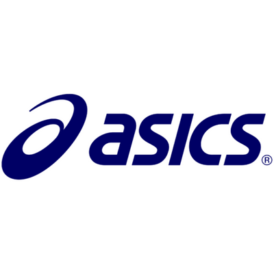 Logotipo da marca ASICS com texto azul e símbolo curvado