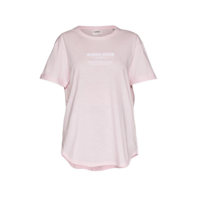 T-shirt rosa claro de manga curta com texto branco frontal