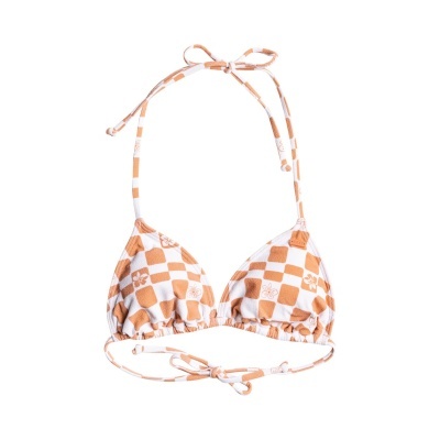 Top de bikini laranja e branco com padrão de quadrados