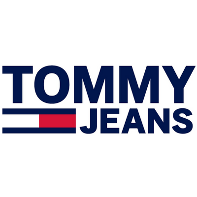 Logótipo Tommy Jeans com texto azul escuro e retângulo colorido azul, branco e vermelho