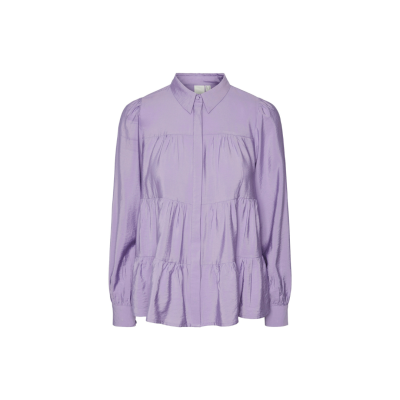 Blusa feminina lilás com gola tradicional e pregas na frente