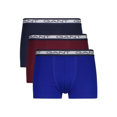 Três cuecas boxer masculinas azul, vermelho e preto com elástico GANT branco