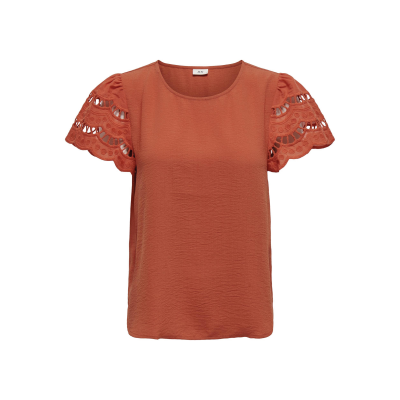 Blusa feminina laranja com mangas rendadas e decote redondo