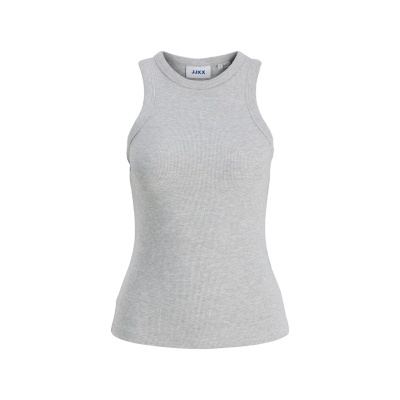 Camisola cinzenta sem mangas com gola redonda e tecido canelado