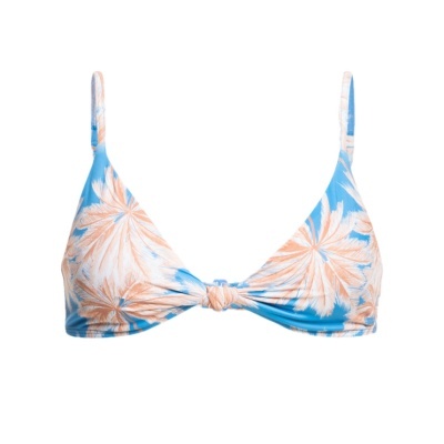 Top de biquíni azul com padrão floral e nó central