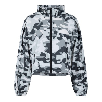 Casaco camuflado cinzento com capuz e fecho