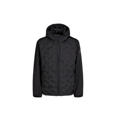 Casaco preto com capuz e padrão texturizado no corpo