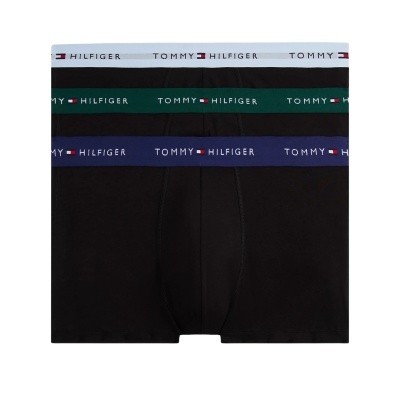 Três cuecas boxer pretas com cintas elásticas coloridas com texto Tommy Hilfiger