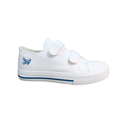 Sapato desportivo branco com velcro e risca azul na sola