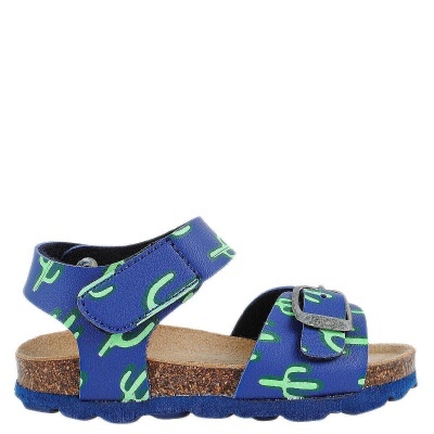 Sandálias infantis azuis com padrão de cactos verdes e sola de cortiça