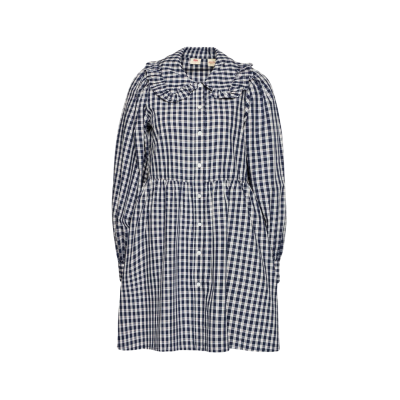 Vestido xadrez azul e branco com botões e gola folhada