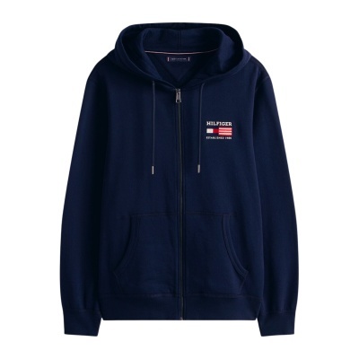 Casaco azul escuro com capuz e fecho de correr