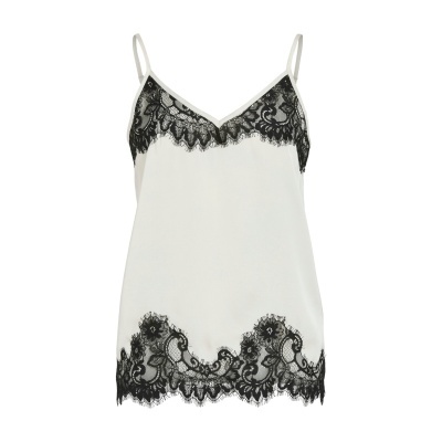 Top branco com alças finas e detalhes em renda preta floral