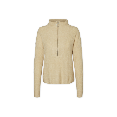 Camisola feminina bege com gola alta e fecho de correr frontal