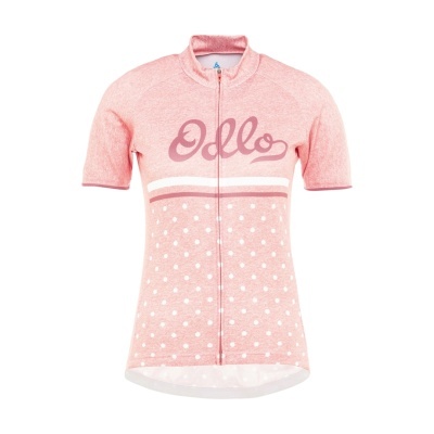 Camisola de ciclismo cor-de-rosa com fecho de correr e padrão de bolinhas brancas