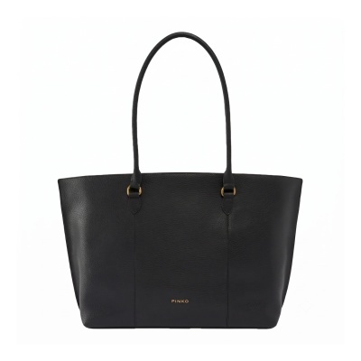 Saco de mão preto em couro com alças compridas e marca PINKO