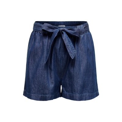 Calções femininos azuis com cinto de laço em tecido semelhante a ganga