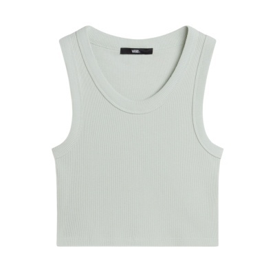 Top cropped cinza claro sem mangas com etiqueta Vans no decote