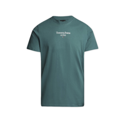 T-shirt azul esverdeado com texto branco TommyJeans ©1985