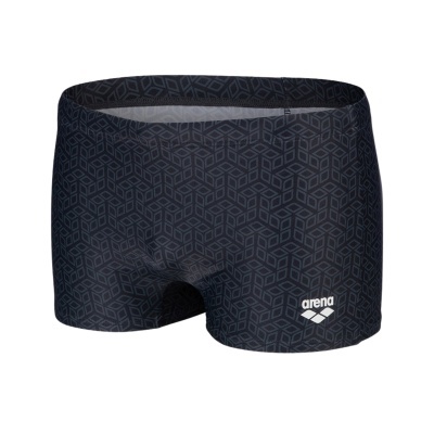 Calções de banho masculinos pretos com padrão geométrico e logótipo arena branco