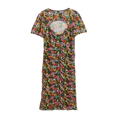 Vestido floral franzido com manga curta e recorte nas costas
