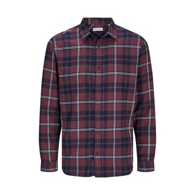 Camisa de manga comprida xadrez vinho e azul escuro com botões