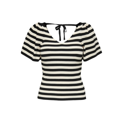 Camisola riscada preta e branca com mangas curtas e decote em V com laço