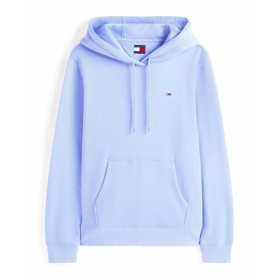 Sweatshirt lilás claro com capuz e bolso frontal, logo Tommy Jeans bordado no peito.