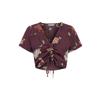 Top feminino floral castanho com ajuste franzido